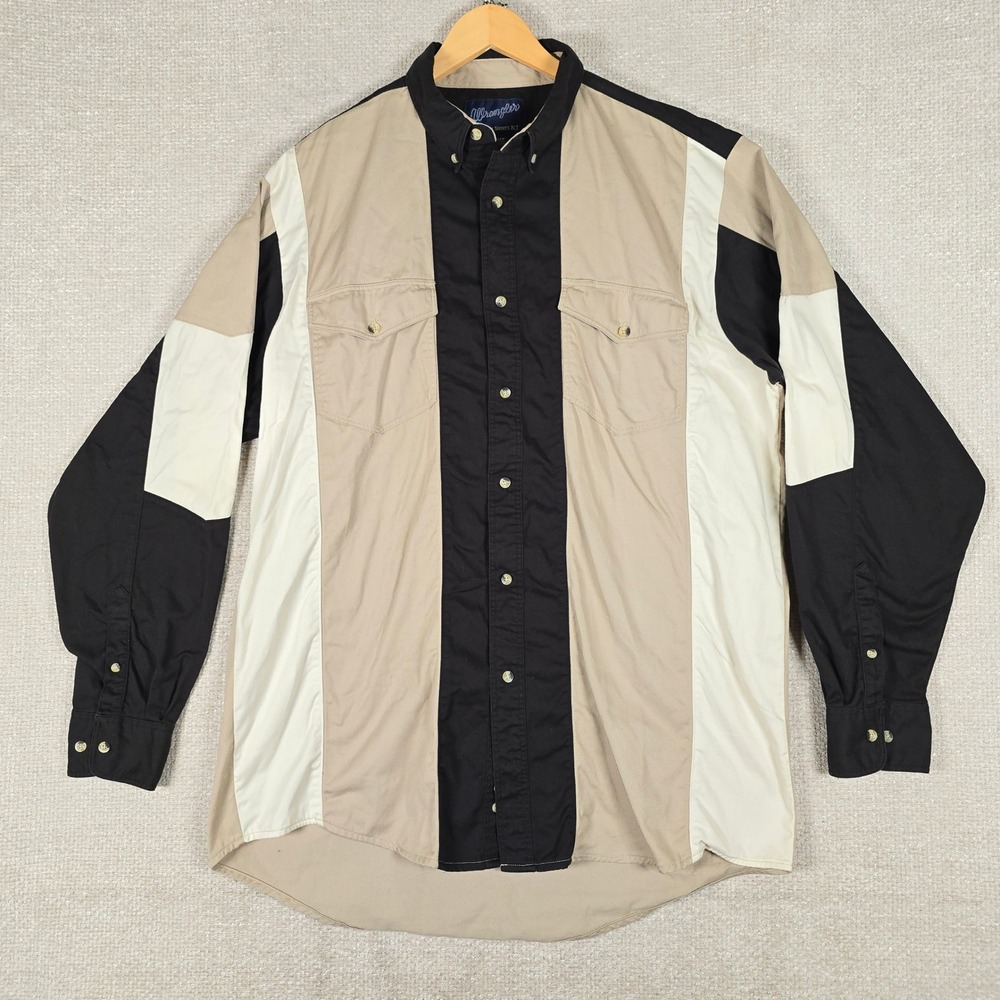 Vintage Wrangler Western Shirt Mens XLT Color Block Beige Black Button Down 90s